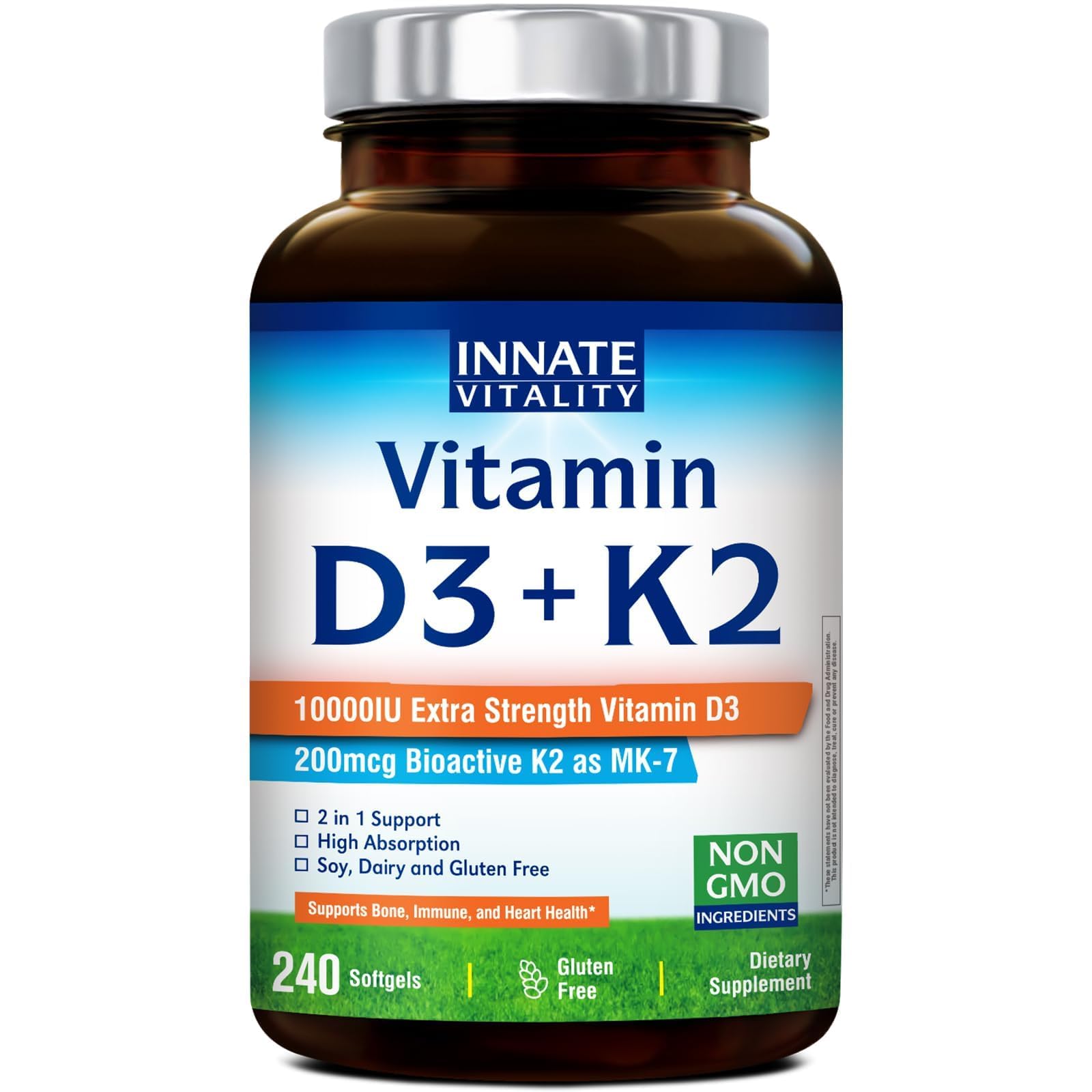 Innate Vitality D3 K2, botella en vista de producto, apoyo óseo y dental
