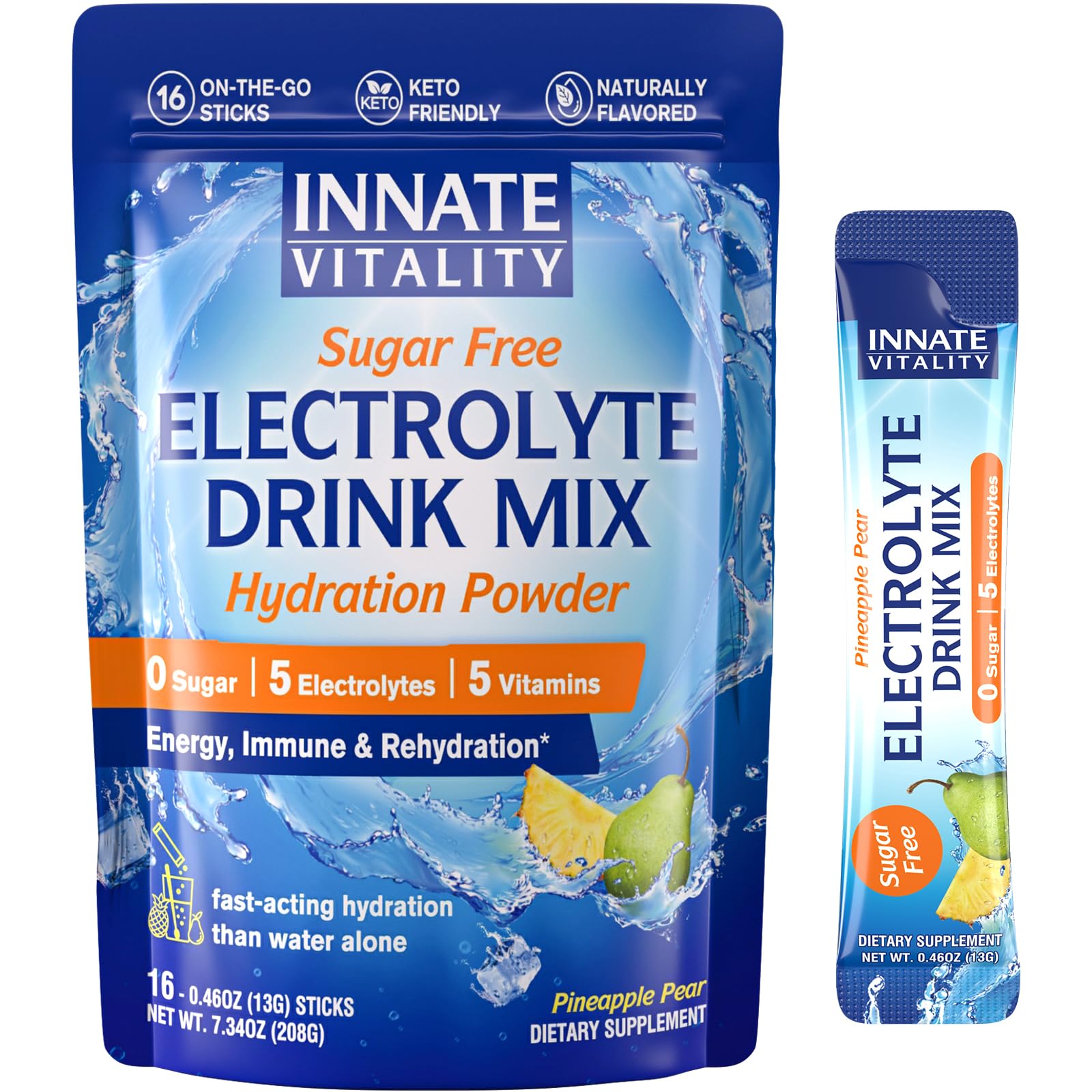Innate Vitality electrolitos en sobre sin azucar sabor pina-pera para hidratar rapido