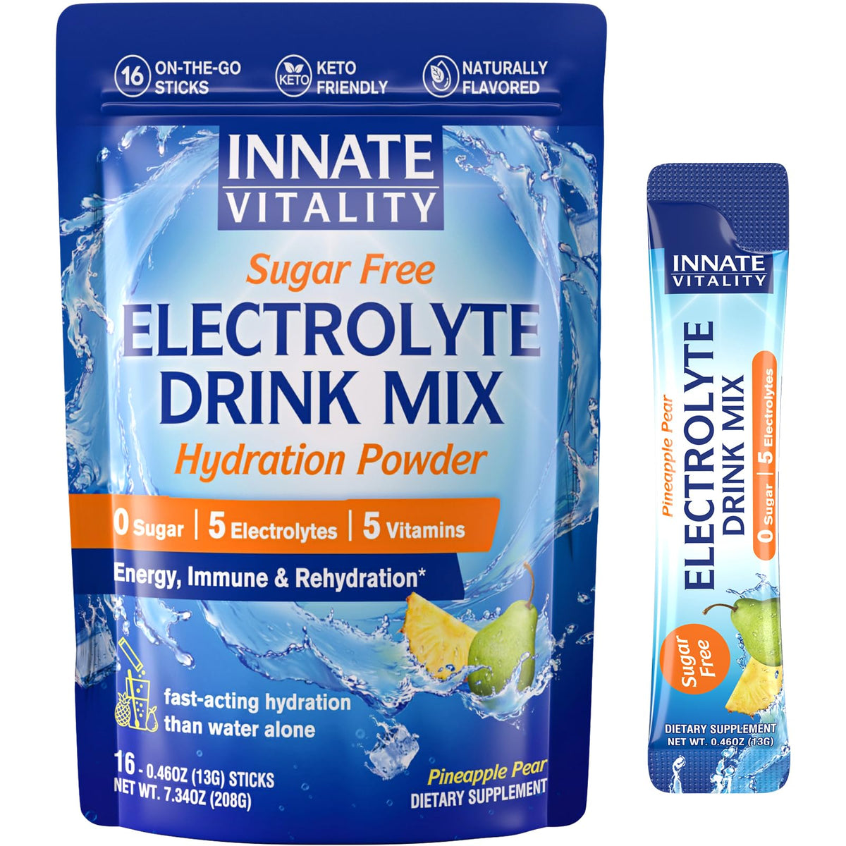 Innate Vitality electrolitos en sobre sin azucar sabor pina-pera para hidratar rapido