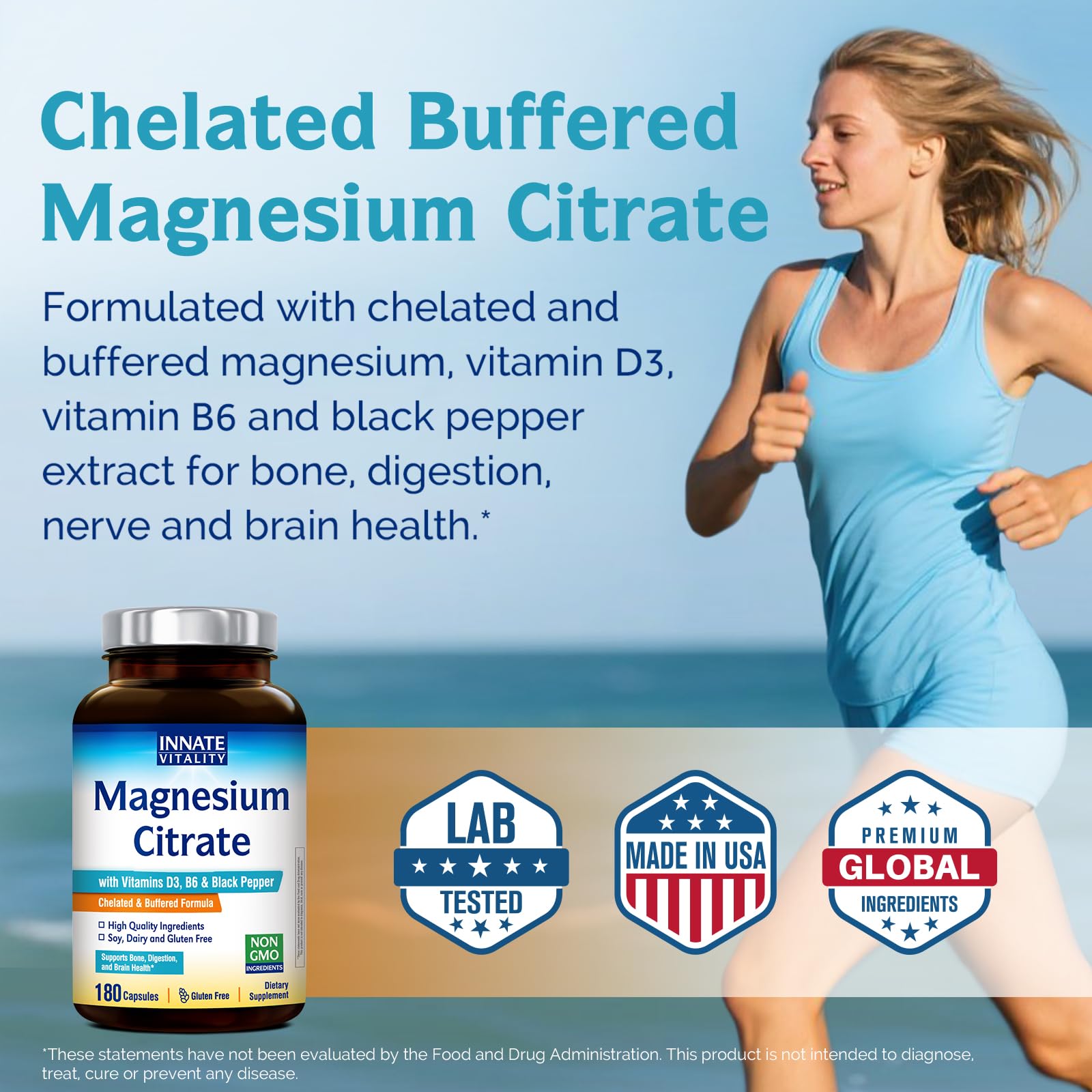 Cápsulas de Innate Vitality Magnesio Citrato mostrando peso y dosis diaria.