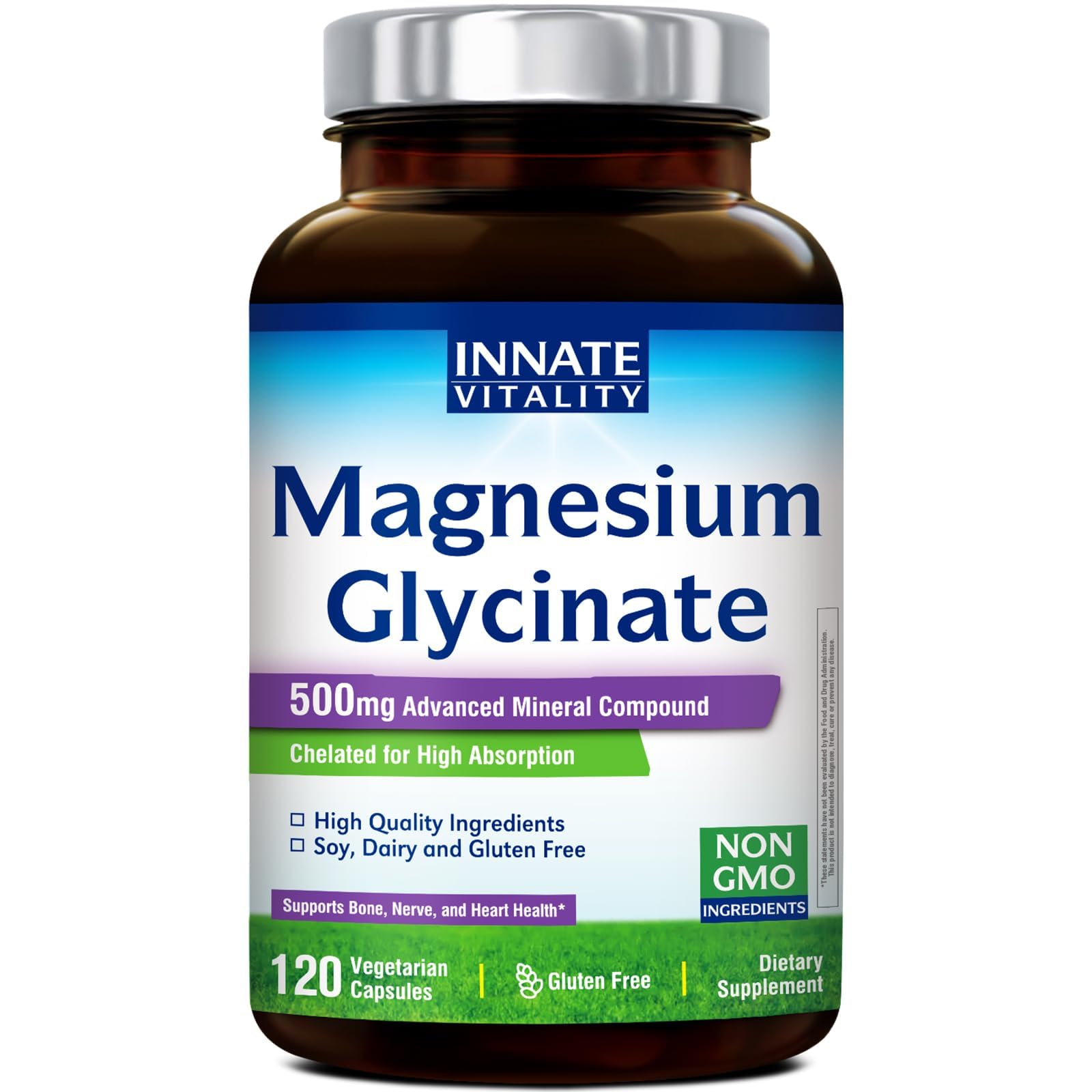 Innate Vitality Magnesio Glicinato 500mg cápsulas para salud nerviosa general.