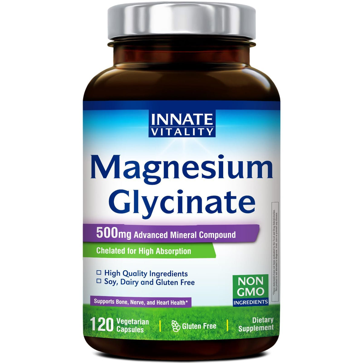 Innate Vitality Magnesio Glicinato 500mg cápsulas para salud nerviosa general.