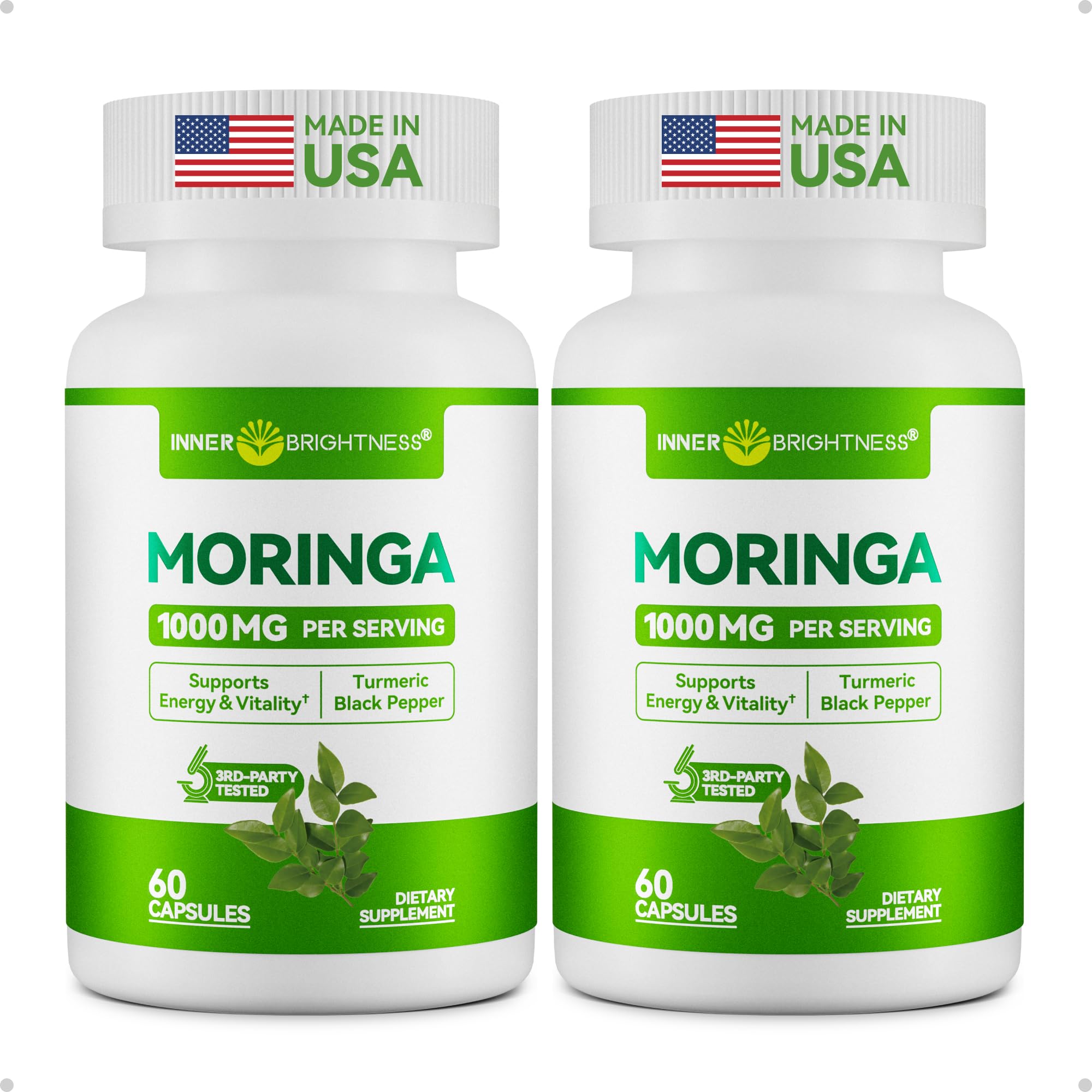 Inner Brightness Moringa, botella frontal, energía suave y equilibrio diario.