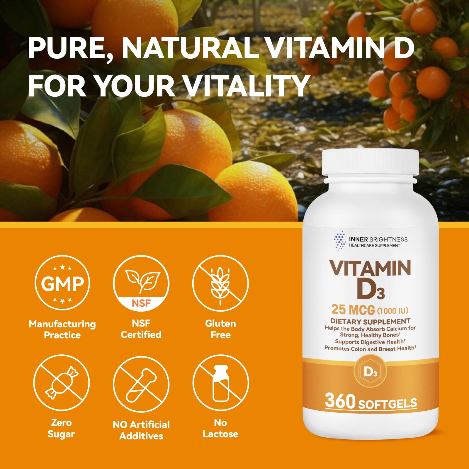 Inner Brightness Vitamina D3, uso diario recomendado tras la comida.