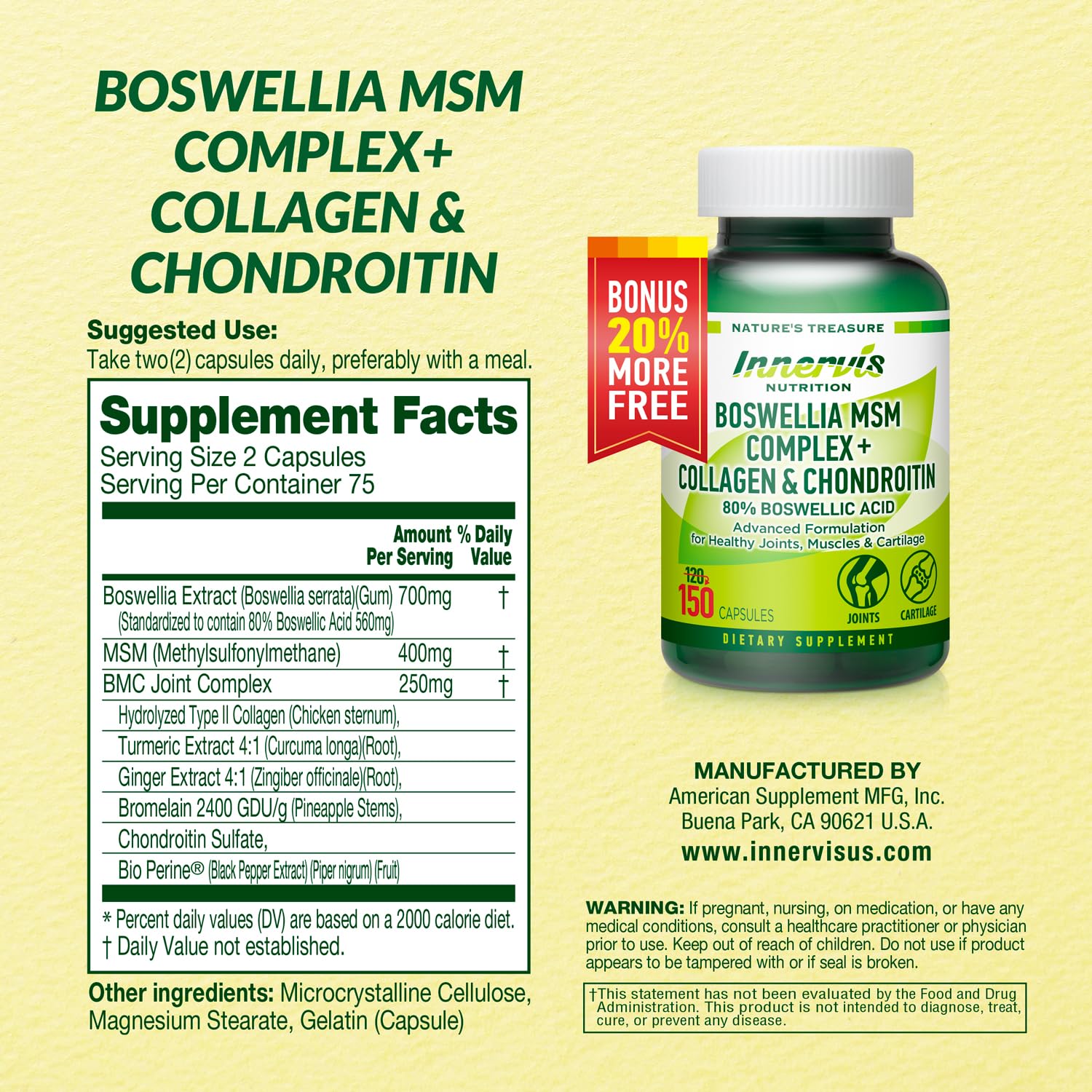 INNERVISNUTRITION Boswellia MSM Complex imagen del producto, absorción mejorada con BioPerine.