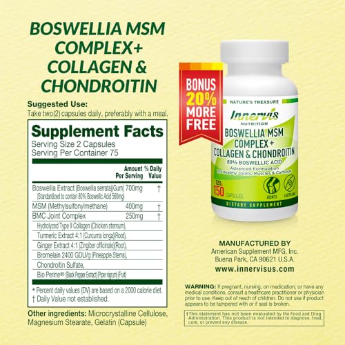 INNERVISNUTRITION Boswellia MSM Complex etiqueta frontal, información clara del suplemento y beneficios posibles.