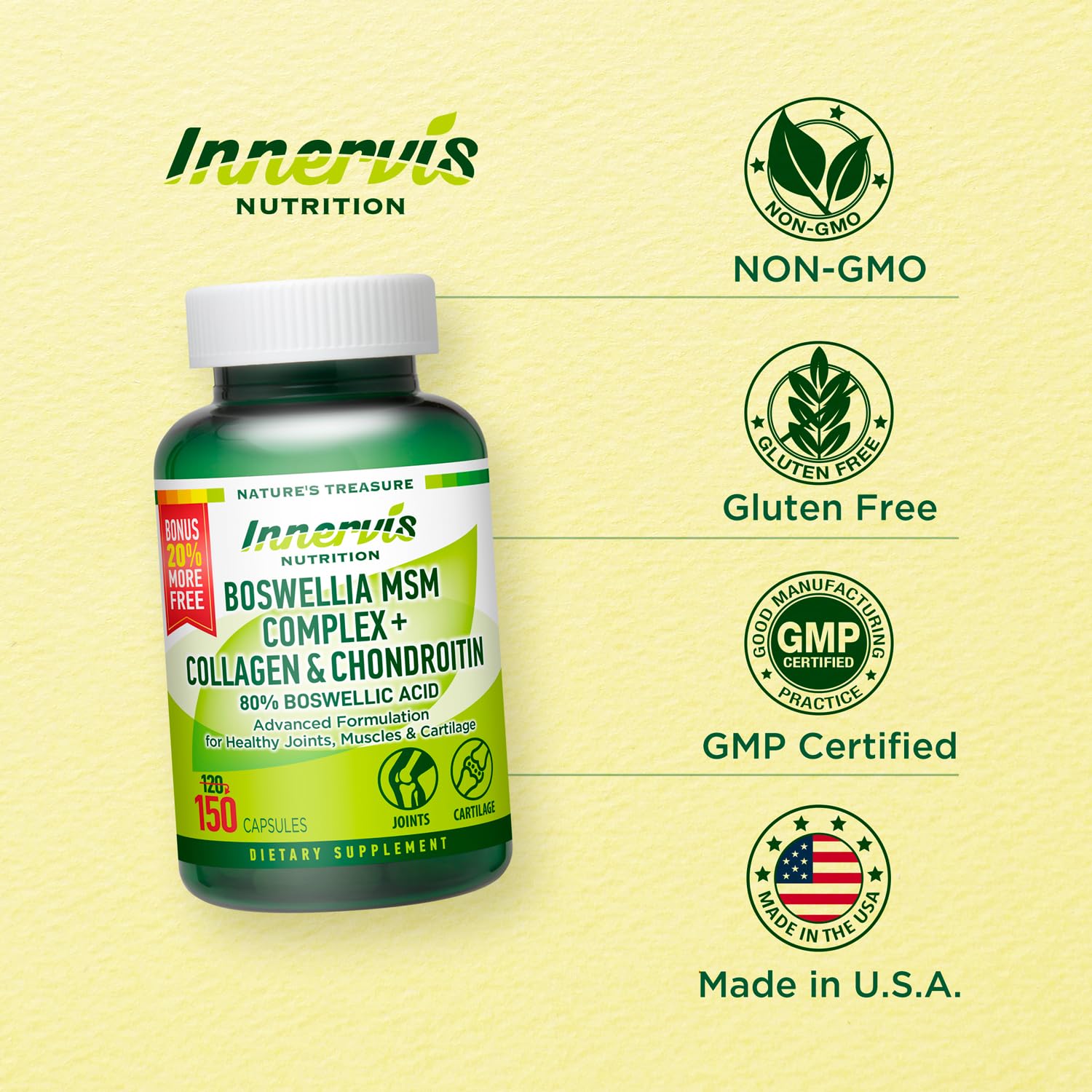 INNERVISNUTRITION Boswellia MSM Complex etiqueta de ingredientes, incluye cúrcuma y jengibre.