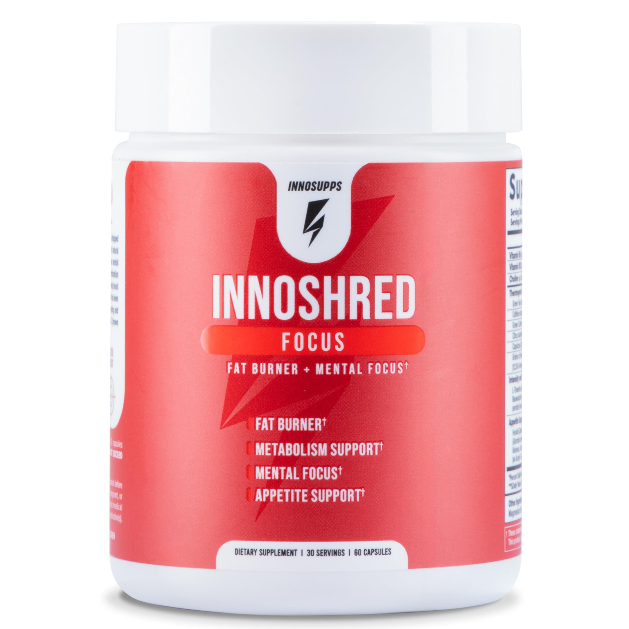 InnoShred Focus, botella con cápsulas, favorece claridad mental y control del apetito.
