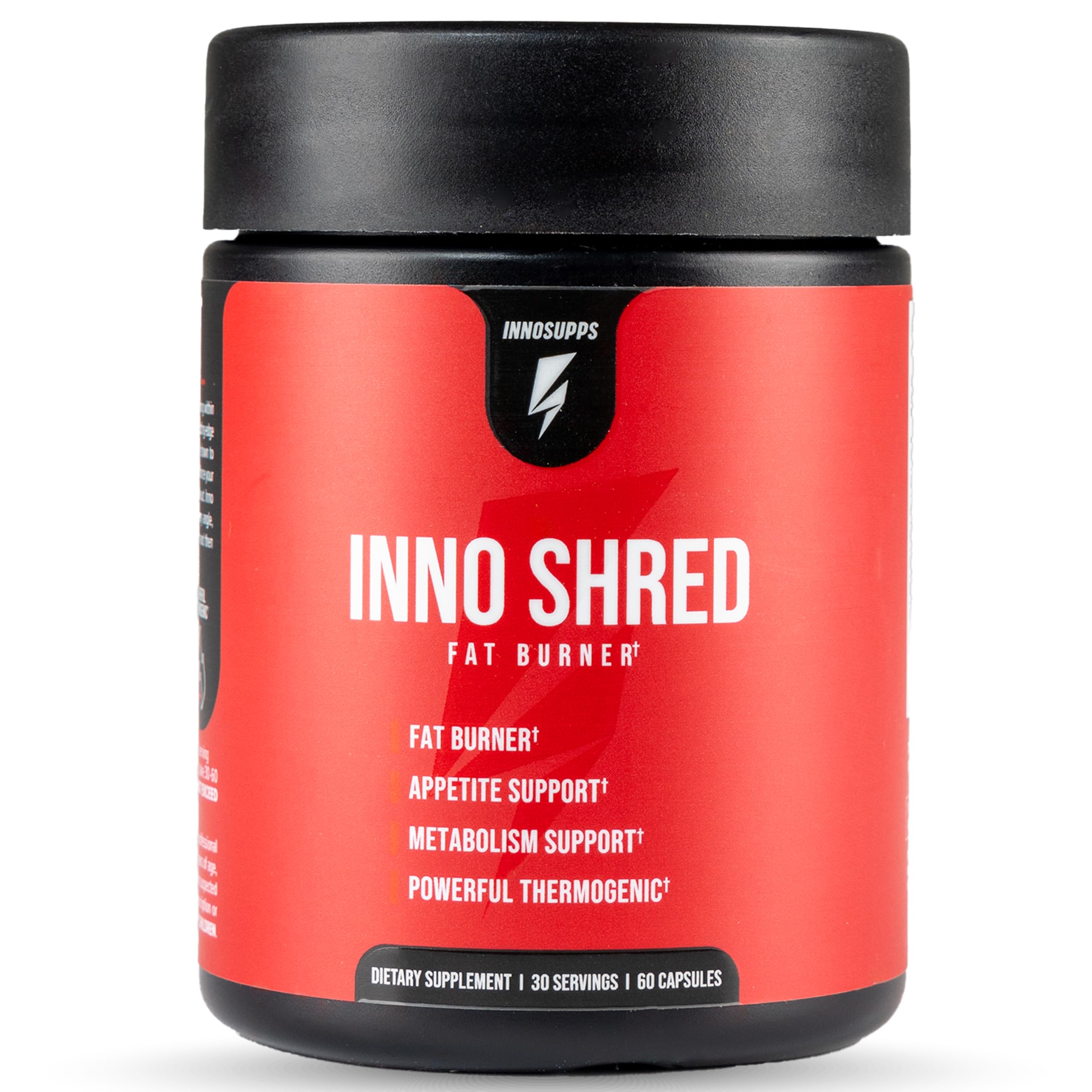 InnoShred de InnoSupps, botella frontal, energía sostenida para el día.