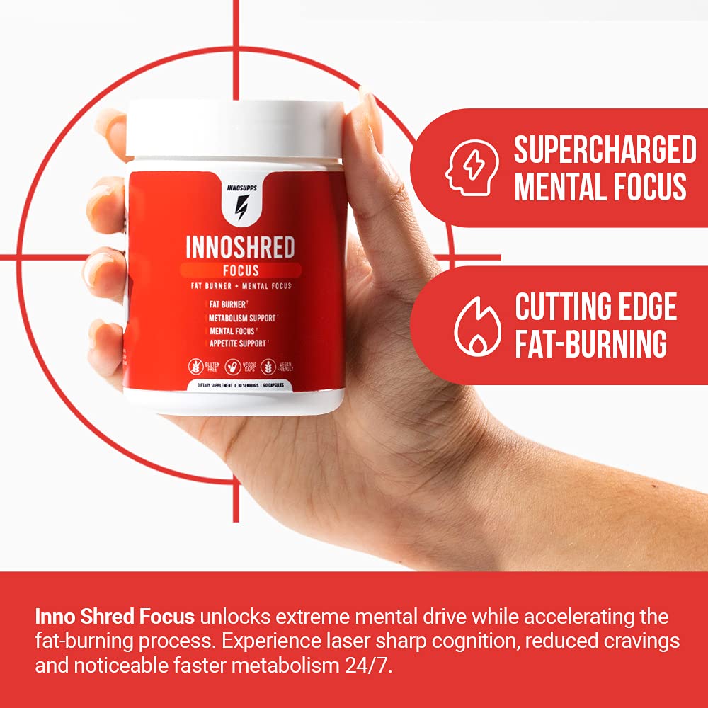 InnoShred Focus, cápsulas vegetales, fórmula vegana para apoyo al peso y hábitos saludables.