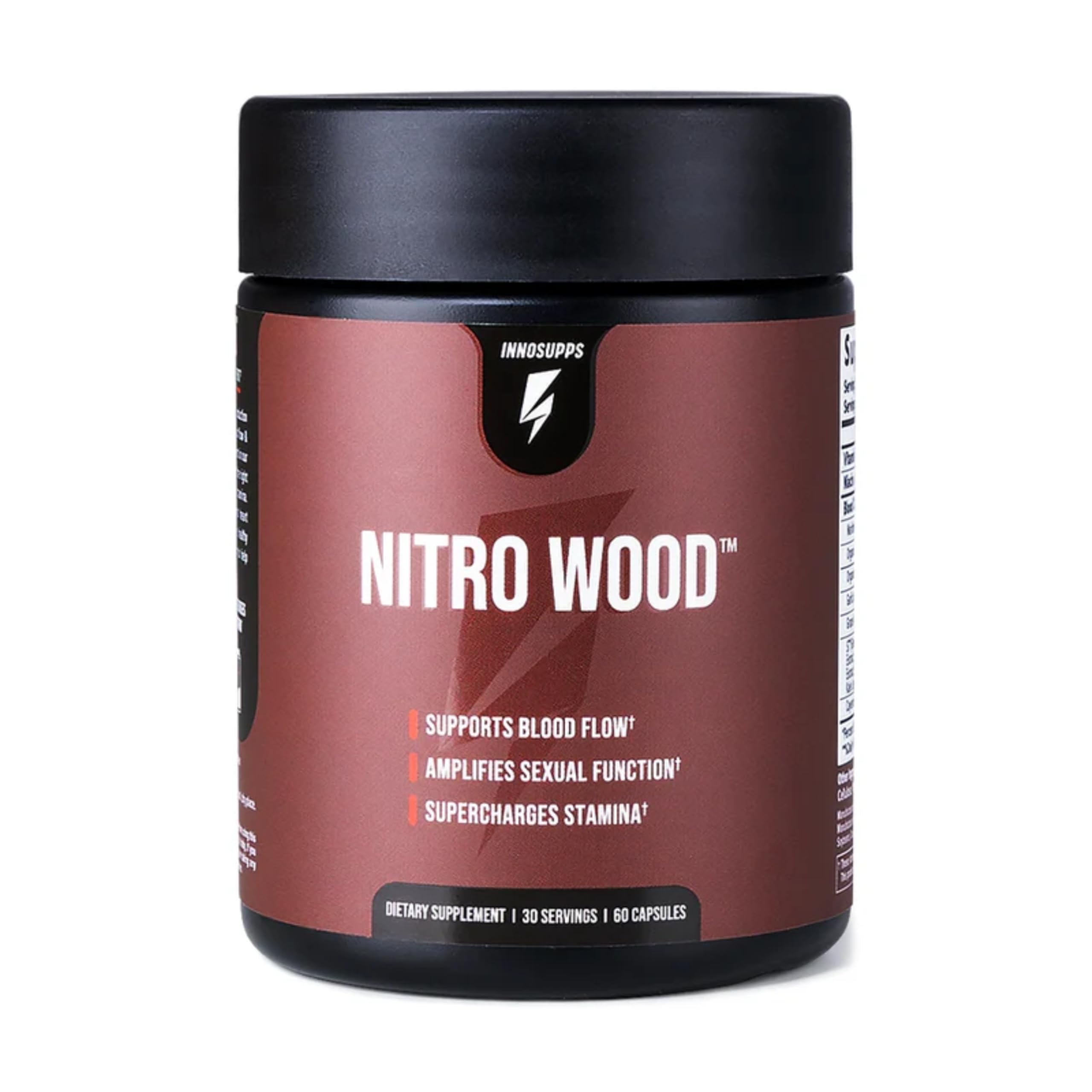 InnoSupps Nitro Wood, botella frontal, posible apoyo a la circulación diaria durante entrenamientos.