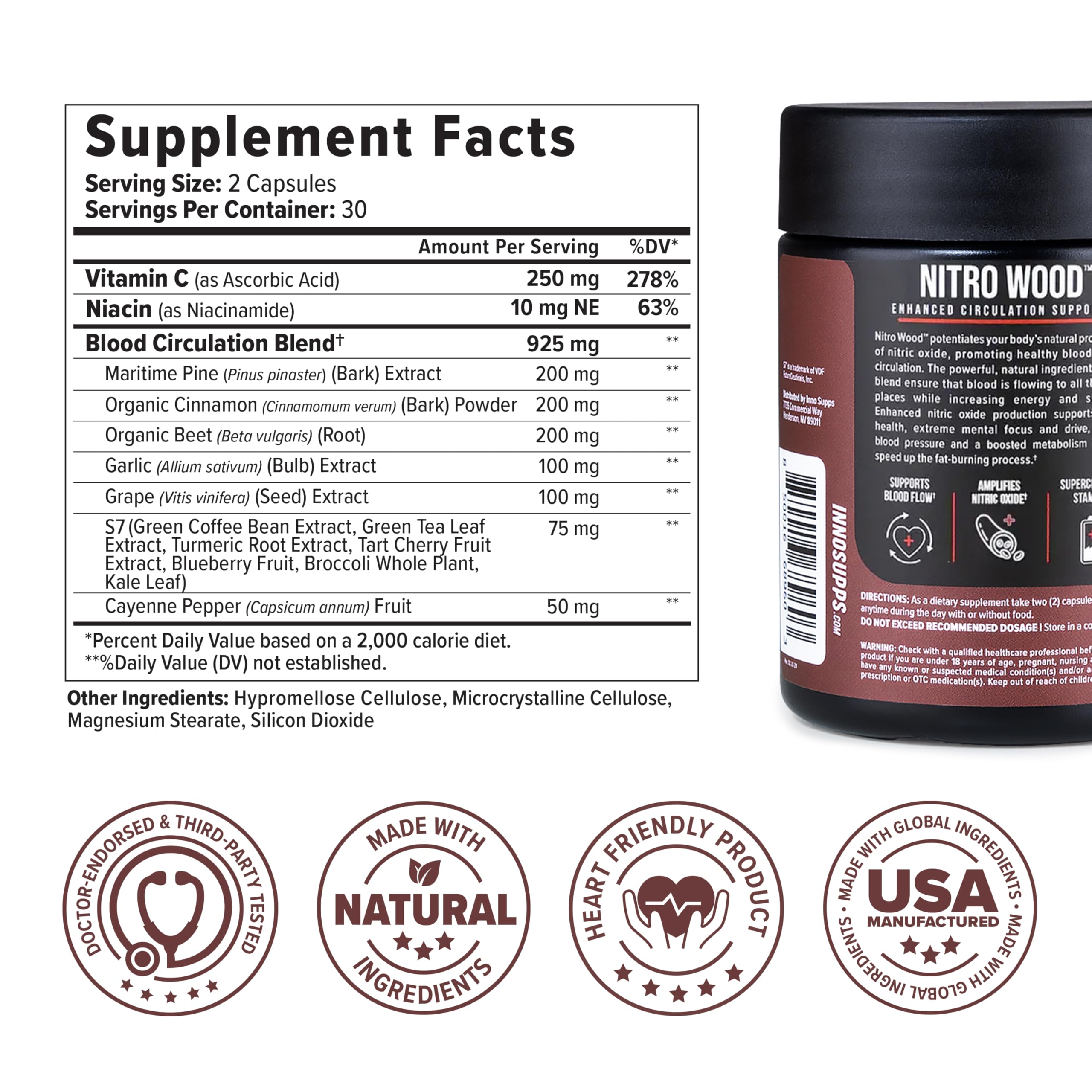 InnoSupps Nitro Wood, composición de ingredientes, base natural para bienestar diario.