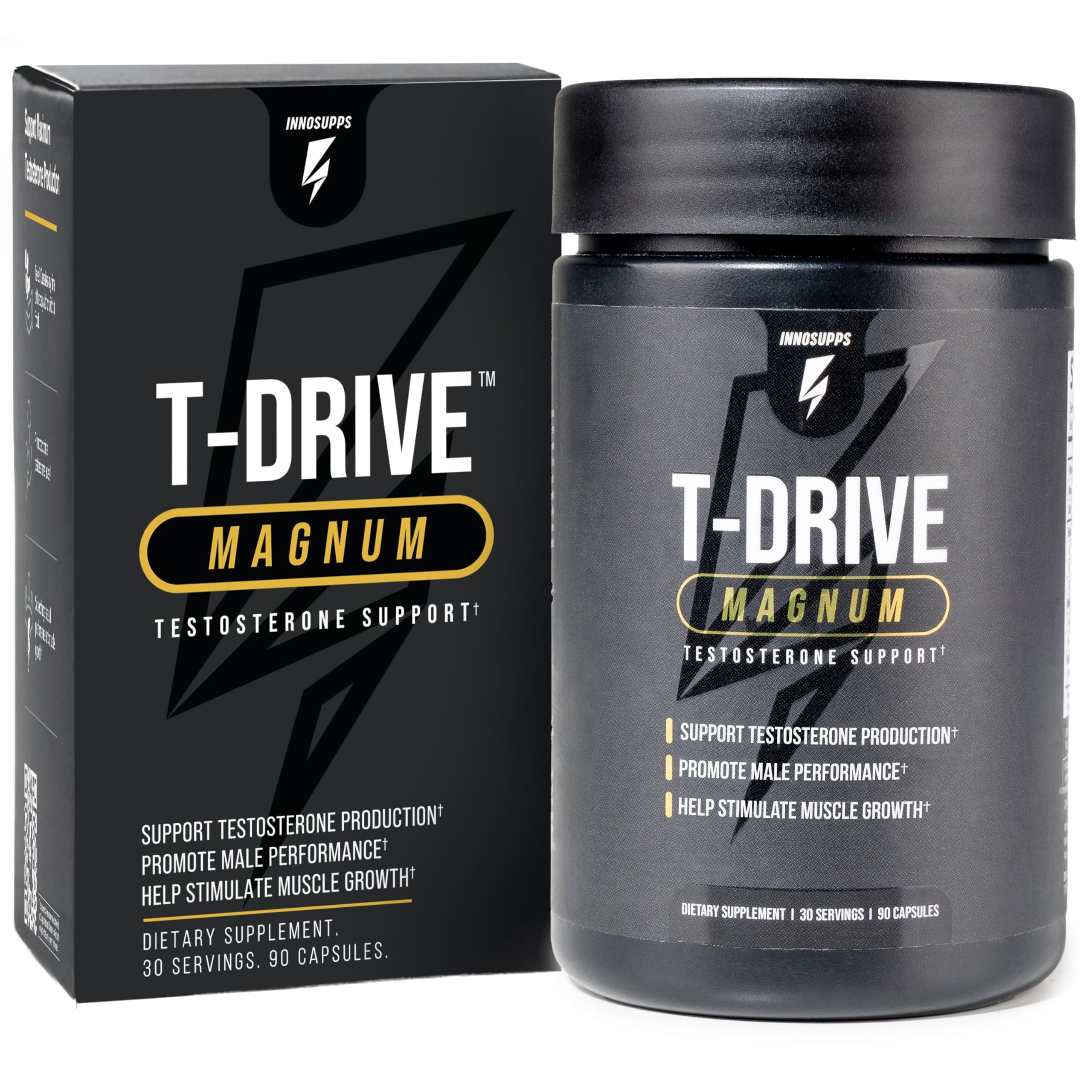 InnoSupps T-Drive Magnum bottle packaging highlighting a natural testosterone booster