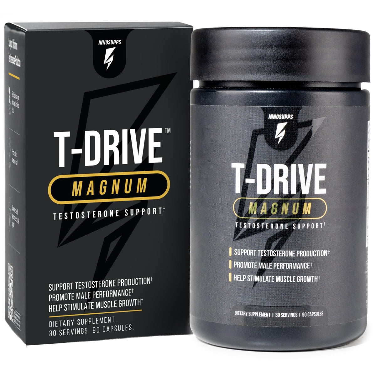 InnoSupps T-Drive Magnum bottle packaging highlighting a natural testosterone booster