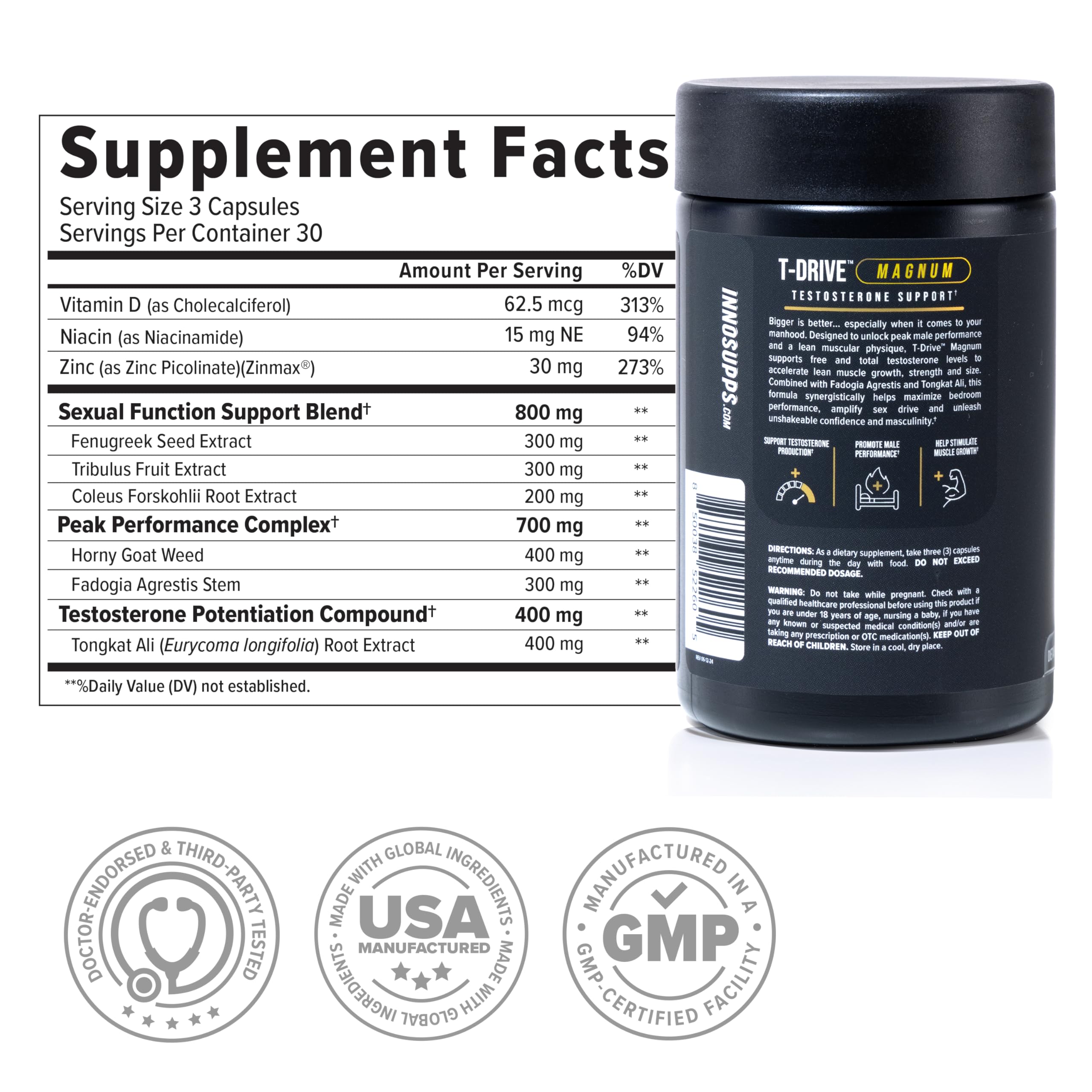 InnoSupps T-Drive Magnum zinc and fenugreek blend image promoting balance