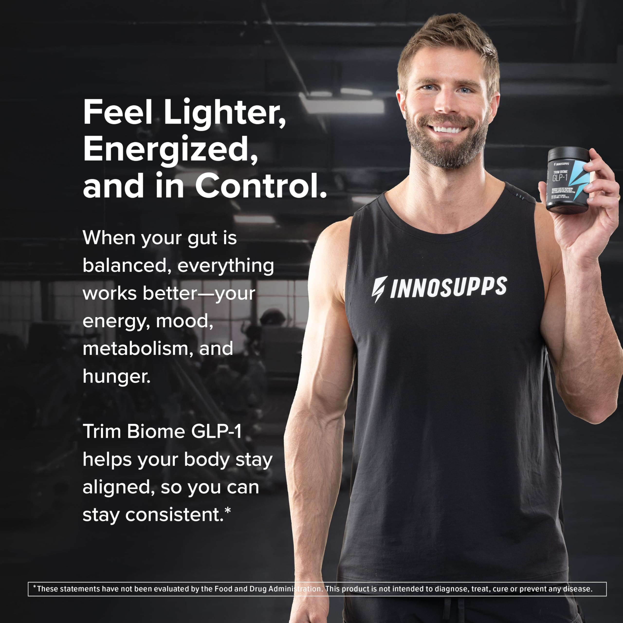 InnoSupps Trim Biome GLP-1: cápsulas con ingredientes clave para la salud intestinal.