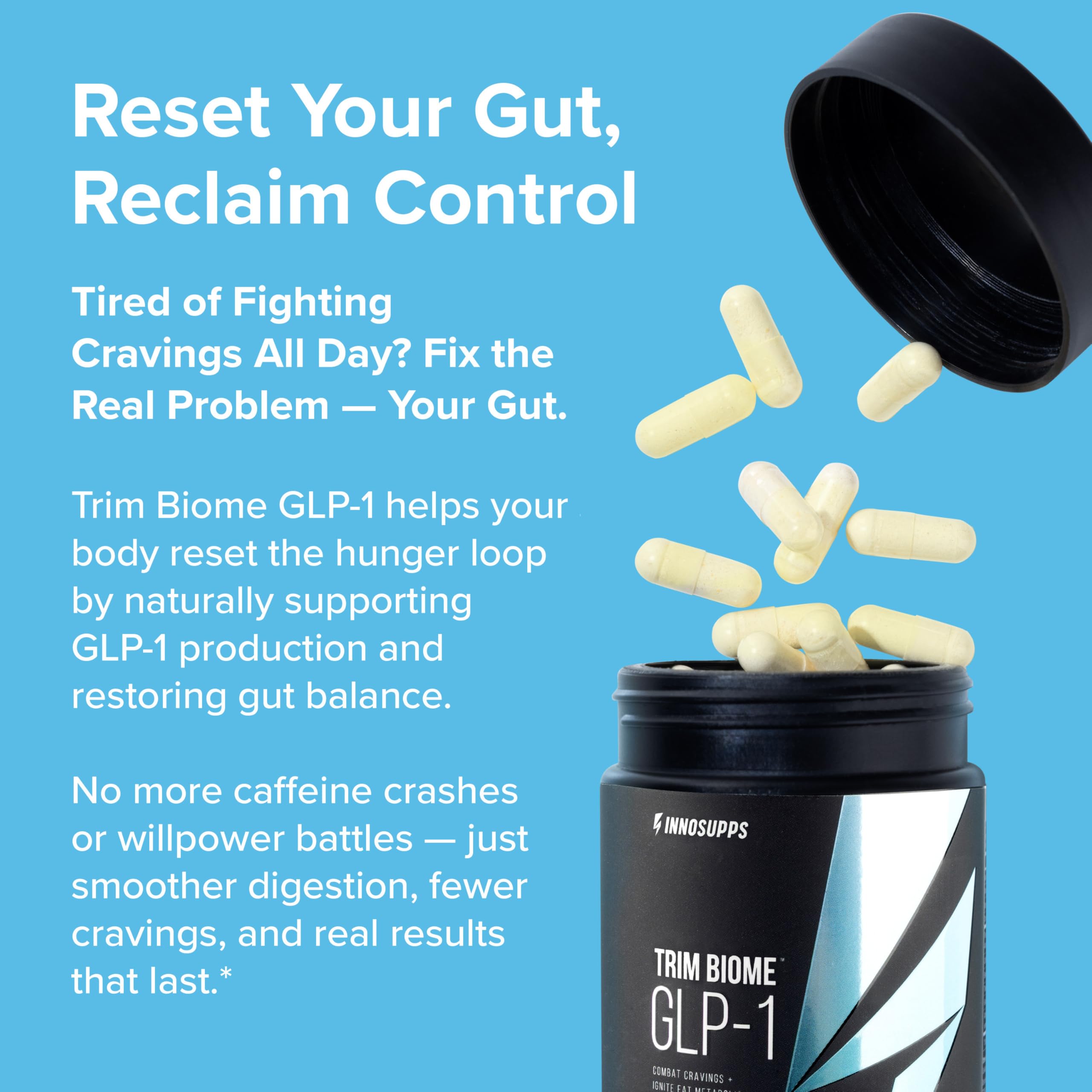 InnoSupps Trim Biome GLP-1: etiqueta clara destacando uso diario.
