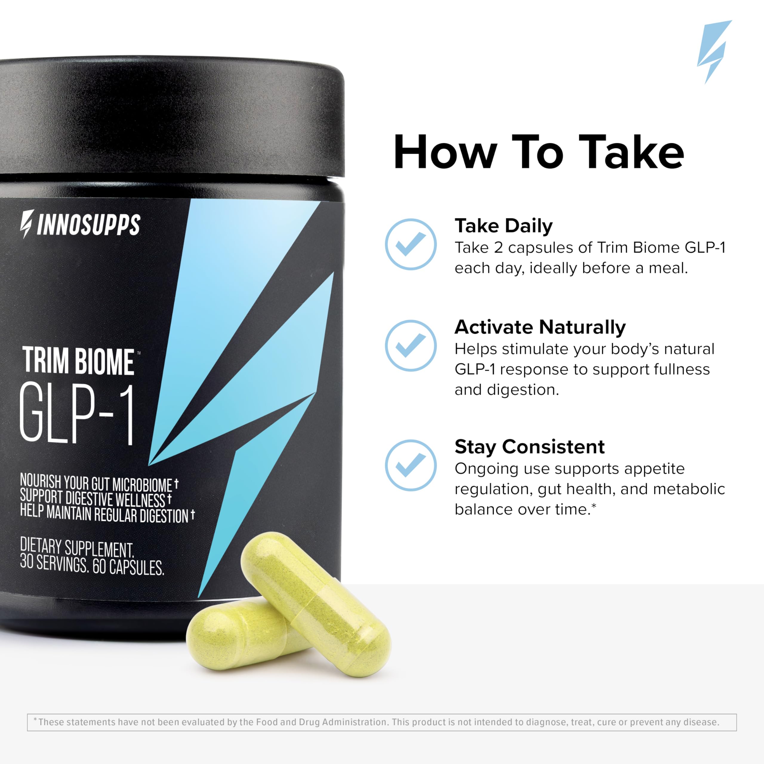 InnoSupps Trim Biome GLP-1: primer plano del empaque para confianza del consumidor.