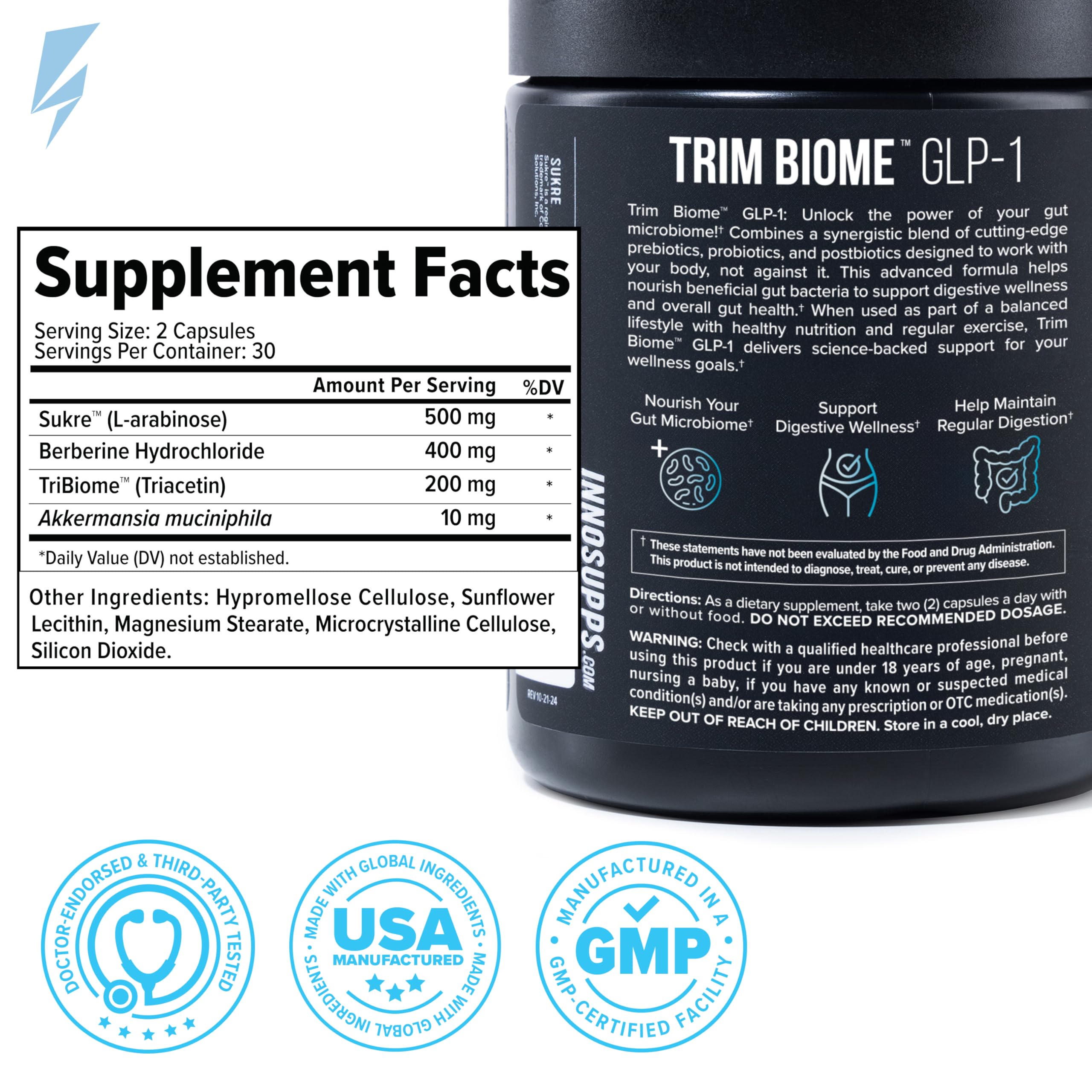 InnoSupps Trim Biome GLP-1: imagen del frasco para soporte metabólico.
