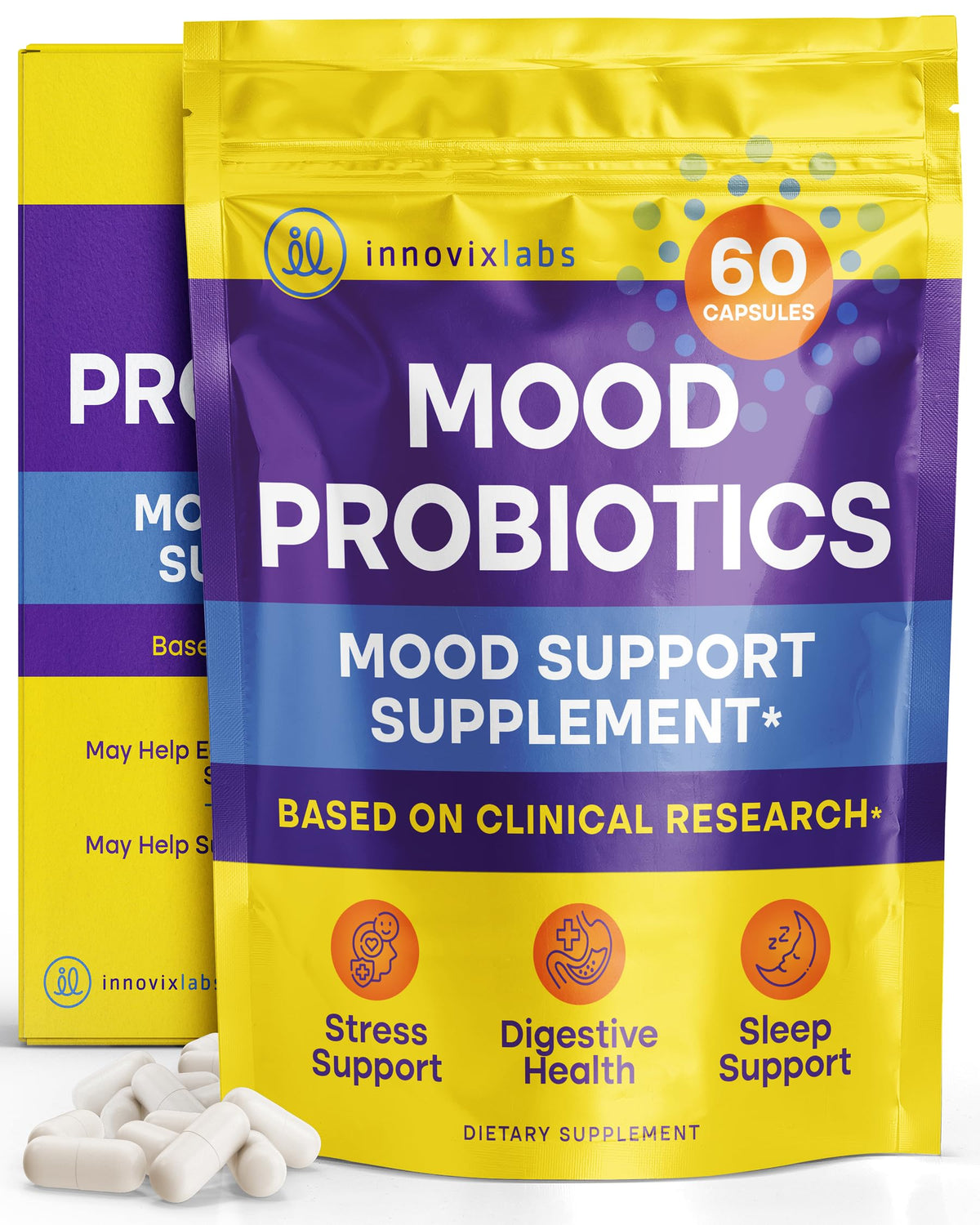 InnovixLabs Mood Probiotic: bote con cultivos activos para apoyo digestivo suave.