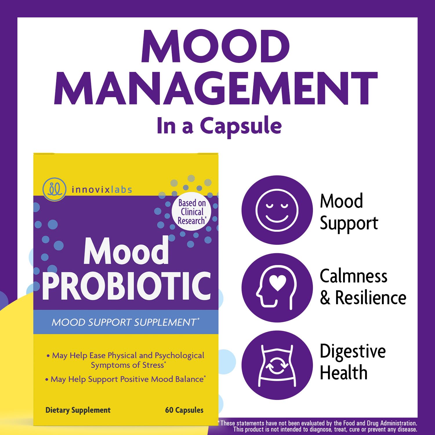 InnovixLabs Mood Probiotic: cápsulas en la mano para uso diario.