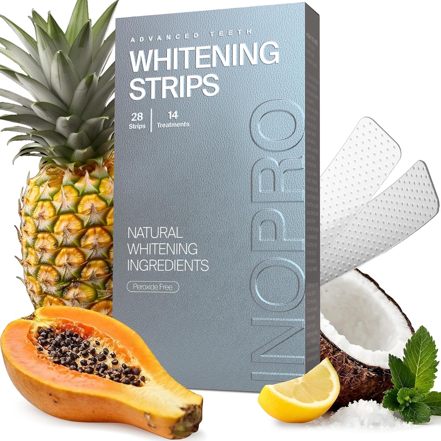 InoPro tiras de blanqueamiento natural para dientes, uso diario suave.