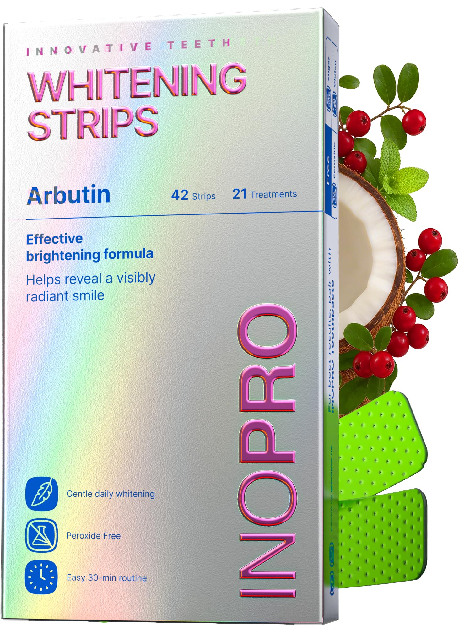 InoPro tiras blanqueadoras: caja, brillo suave y seguro para la sonrisa.