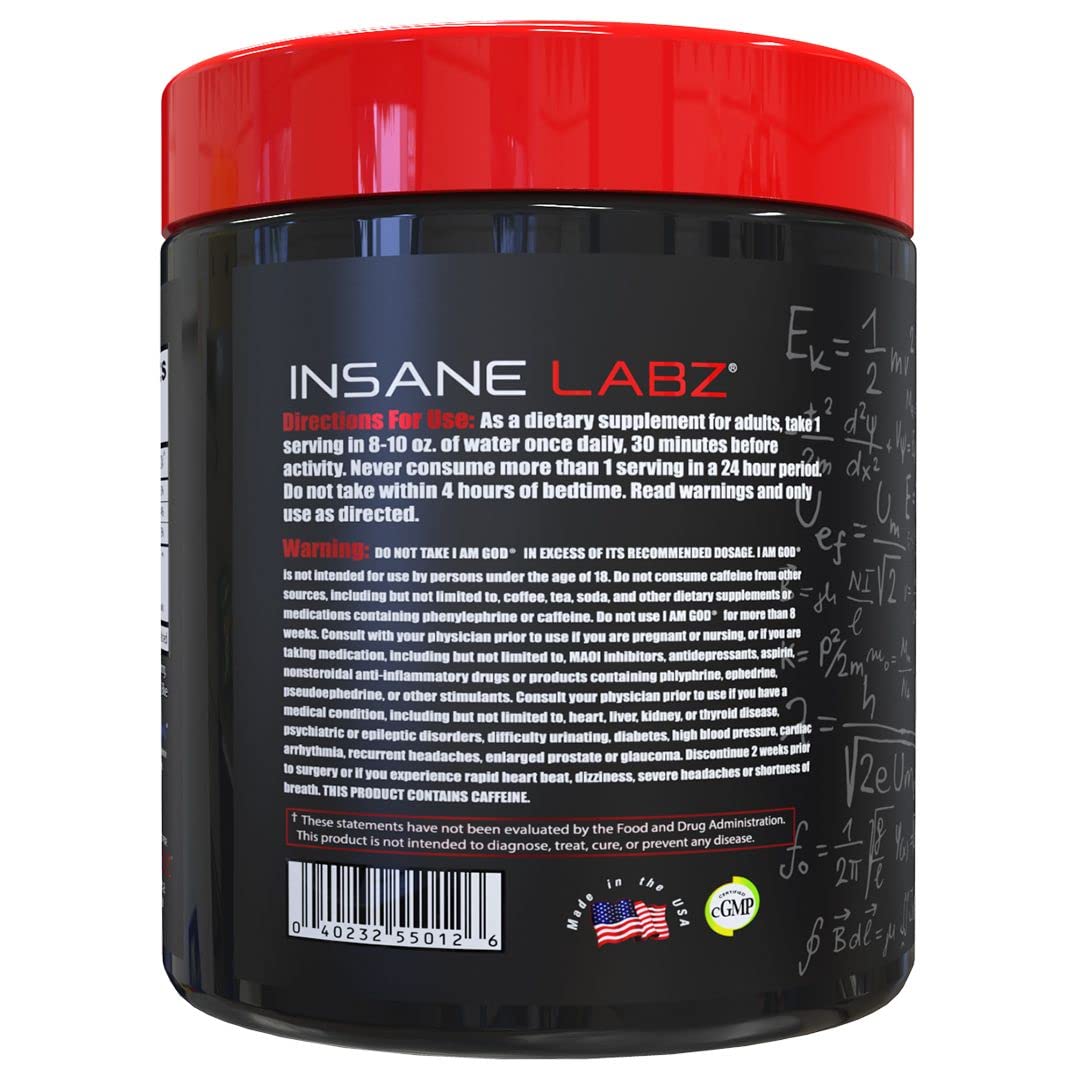 Insane Labz I am God Preentrenamiento, etiqueta nutricional clara para revisar ingredientes