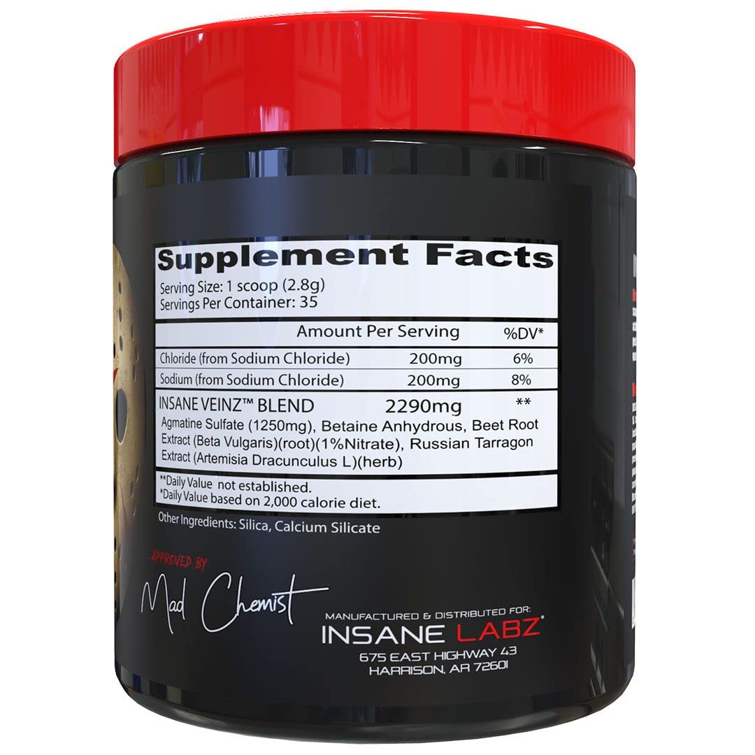 Insane Labz Insane Veinz ofrece impulso nitroso con agmatina sulfato para bombas sostenidas.