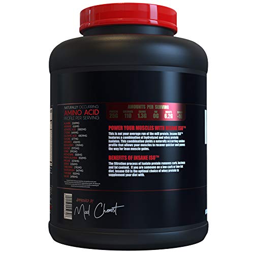 Proteína ISO de Insane Labz, cuchara medidora, porciones precisas para control de macros.