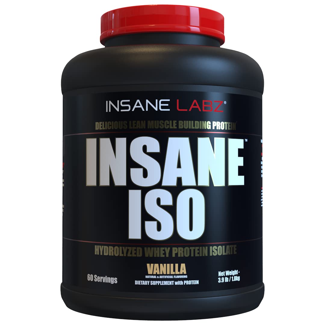 Proteína ISO de Insane Labz, envase frontal, opción para apoyar entrenamiento y músculo magro.