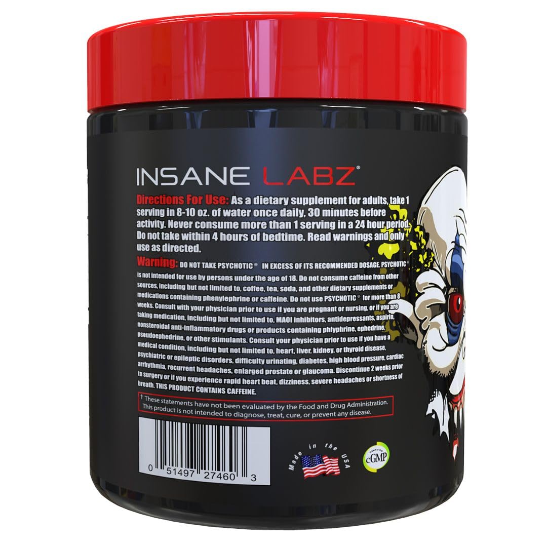Insane Labz Psicotico etiqueta frontal destaca sabor y fórmula para energía sostenida