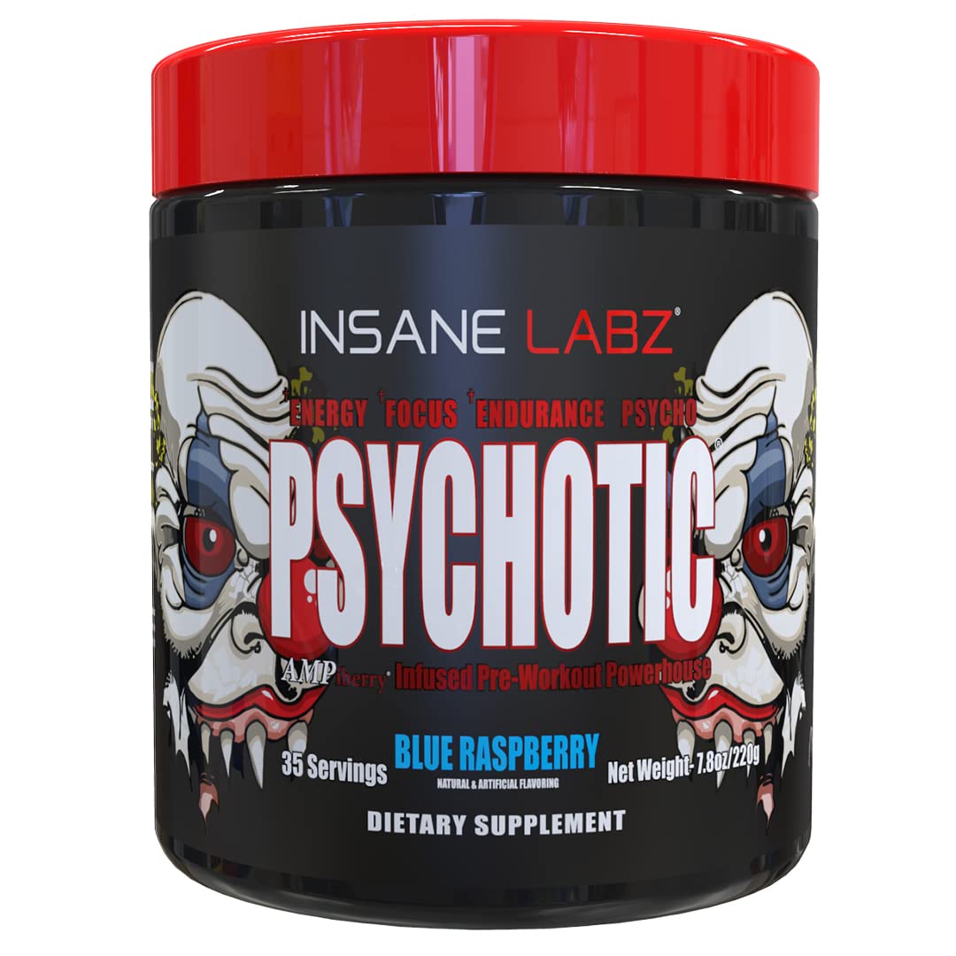 Envase azul de Insane Labz Psychotic para entrenamientos intensos.