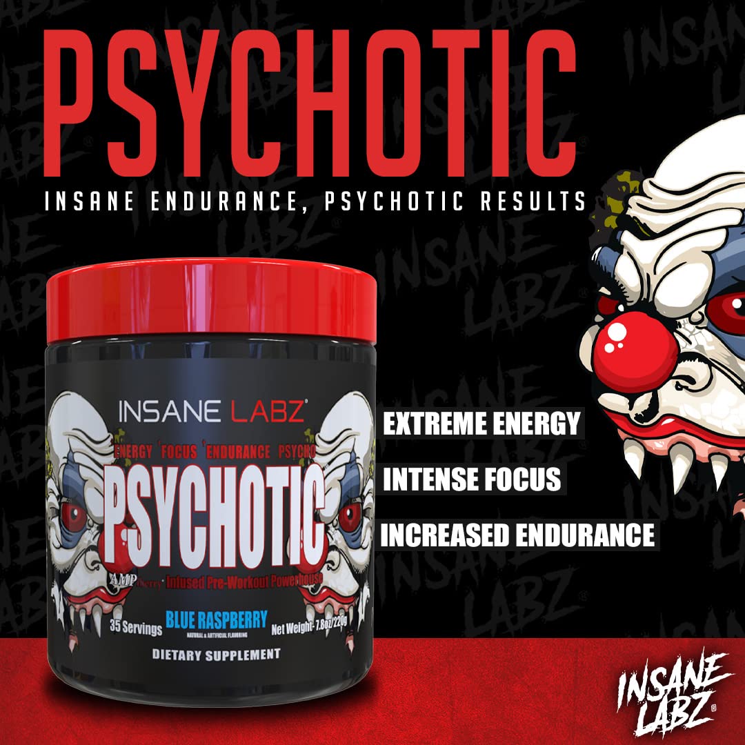 Insane Labz Psychotic, etiqueta destacada que resalta energía y rendimiento.