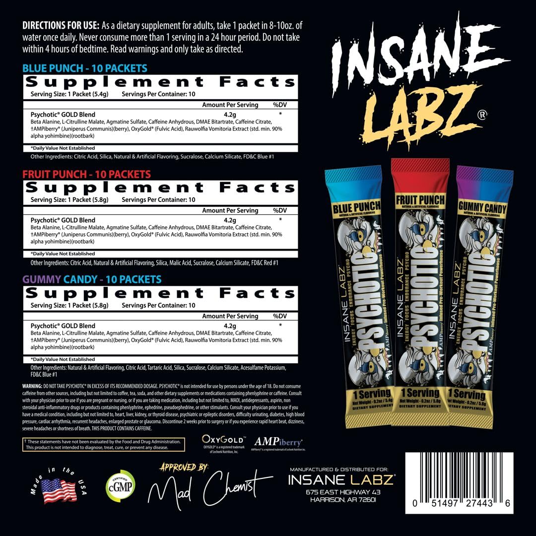 Insane Labz Psychotic Gold, bebida preentrenamiento preparada para energía clara.