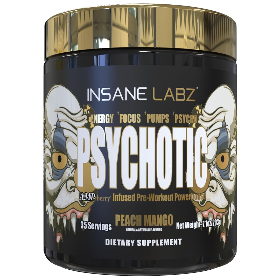 Botella de Insane Labz Psychotic Gold, enfoque en energía para entrenamientos intensos.