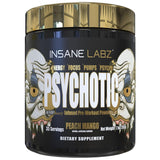 Botella de Insane Labz Psychotic Gold, enfoque en energía para entrenamientos intensos.
