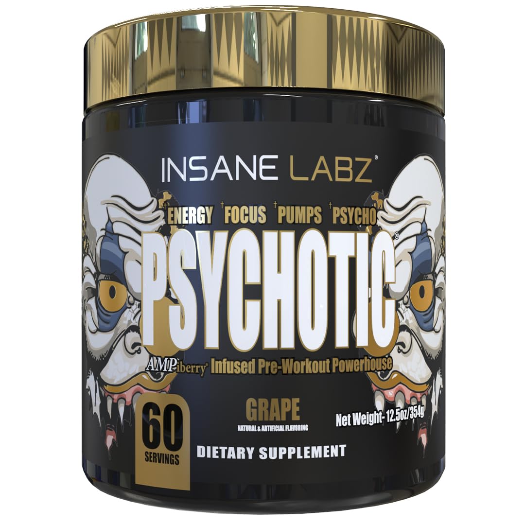 Botella de Insane Labz Psychotic Gold con polvo para entrenar