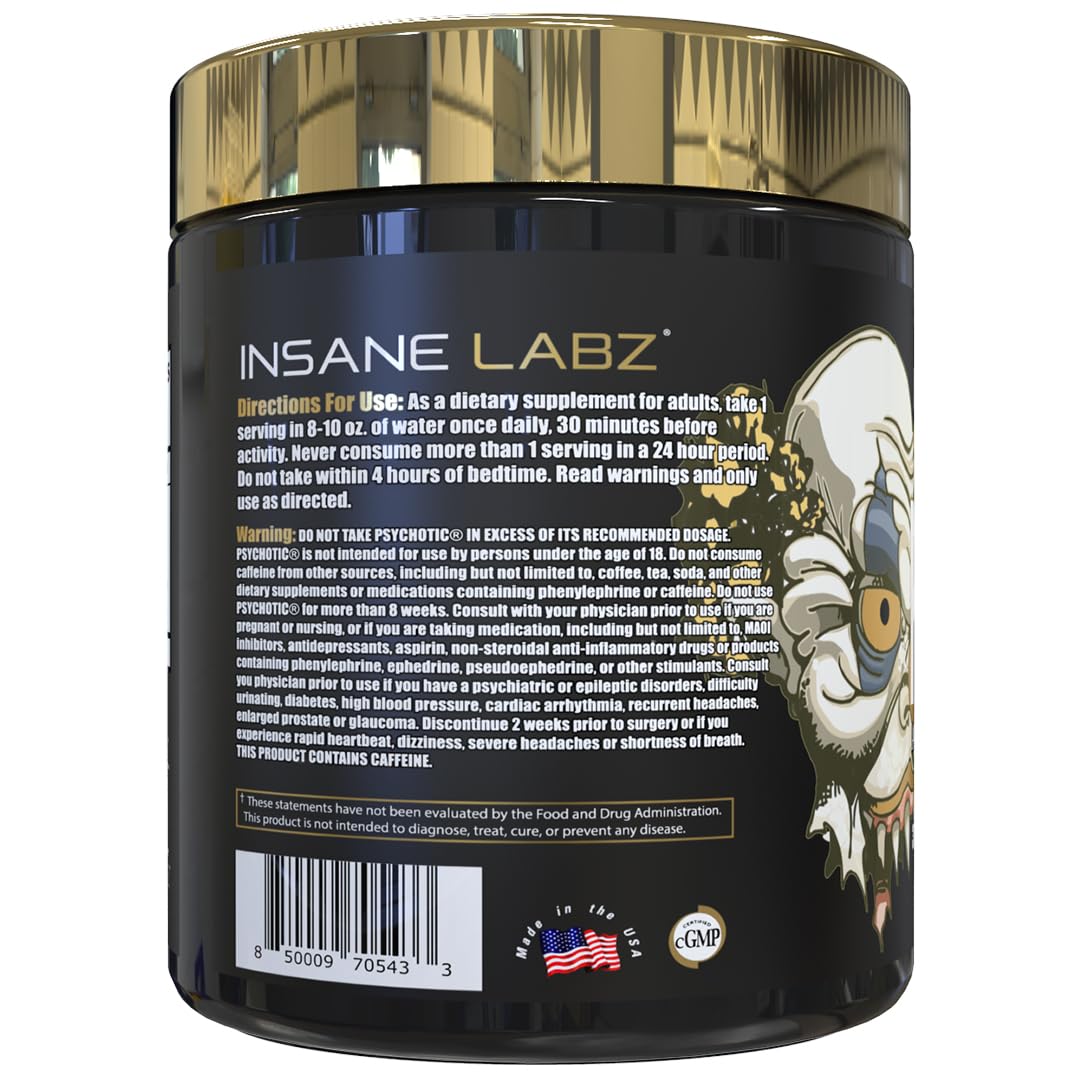 Cucharilla de medición y polvo de Psychotic Gold, uso práctico para potencia en el gym.
