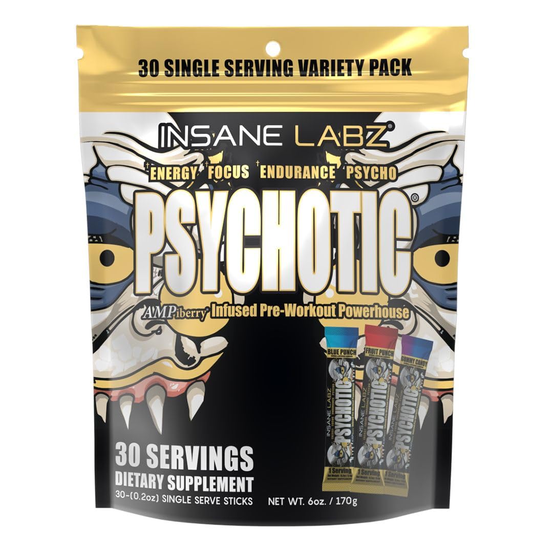 Insane Labz Psychotic Gold, envase frente, listo para preentrenamiento con energía sostenida.