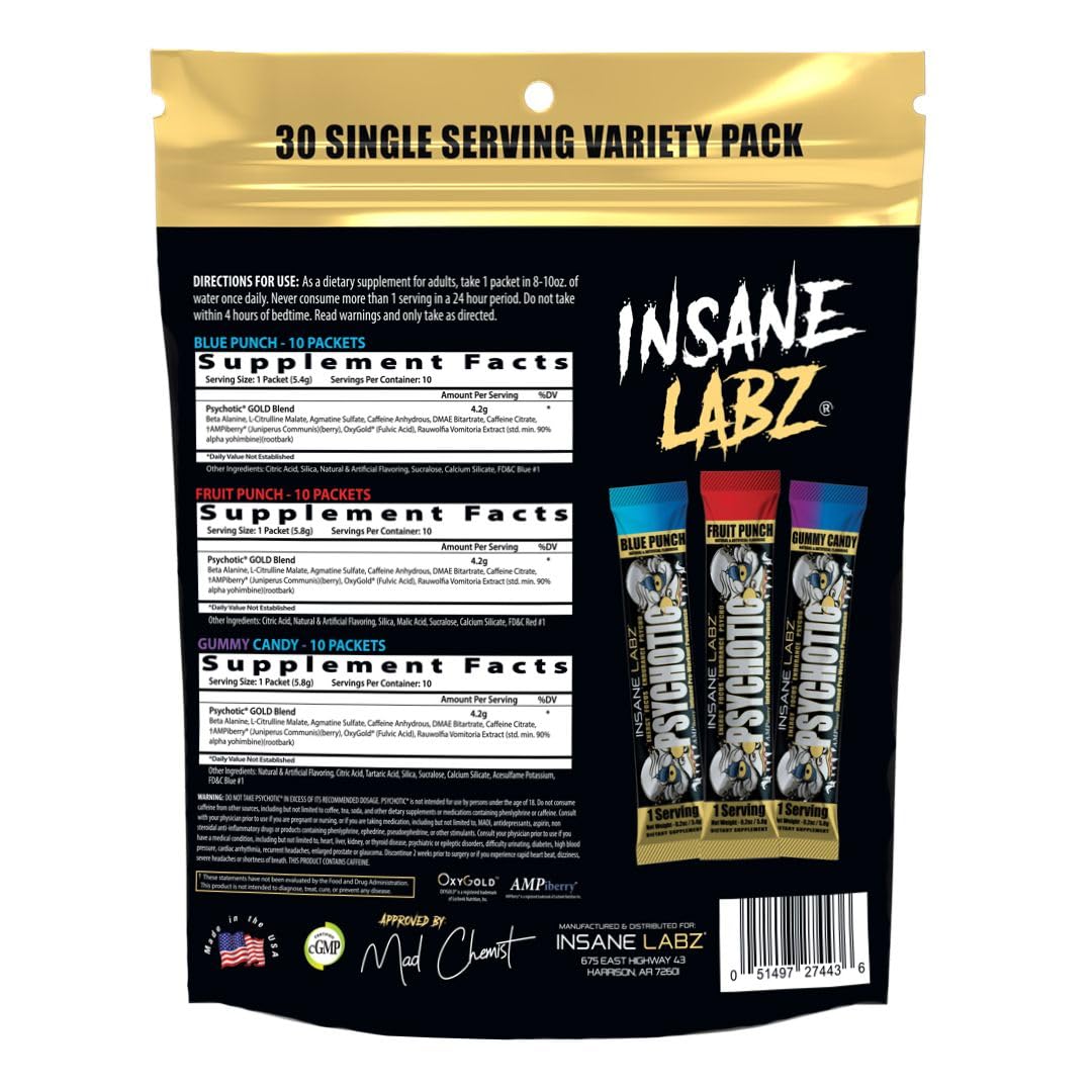 Insane Labz Psychotic Gold, envase lateral con etiqueta de ingredientes clave para rendimiento.