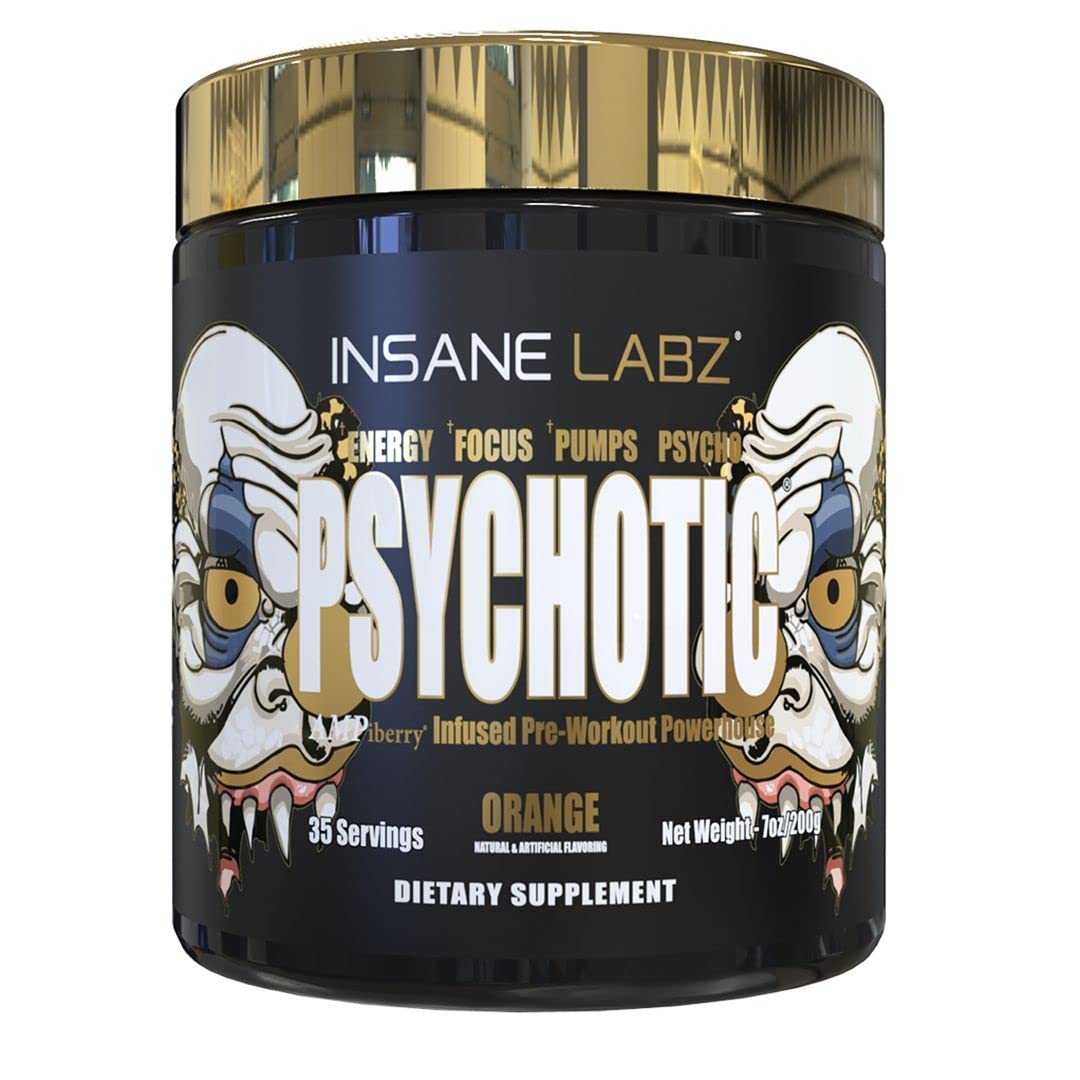 Envase naranja de Insane Labz Psychotic Gold para entrenamientos intensos.
