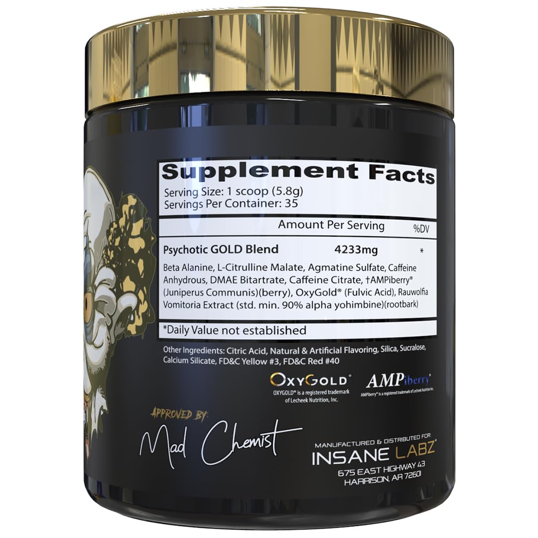 Etiqueta de Psychotic Gold en primer plano, detalles de fórmula para rendimiento sostenido.