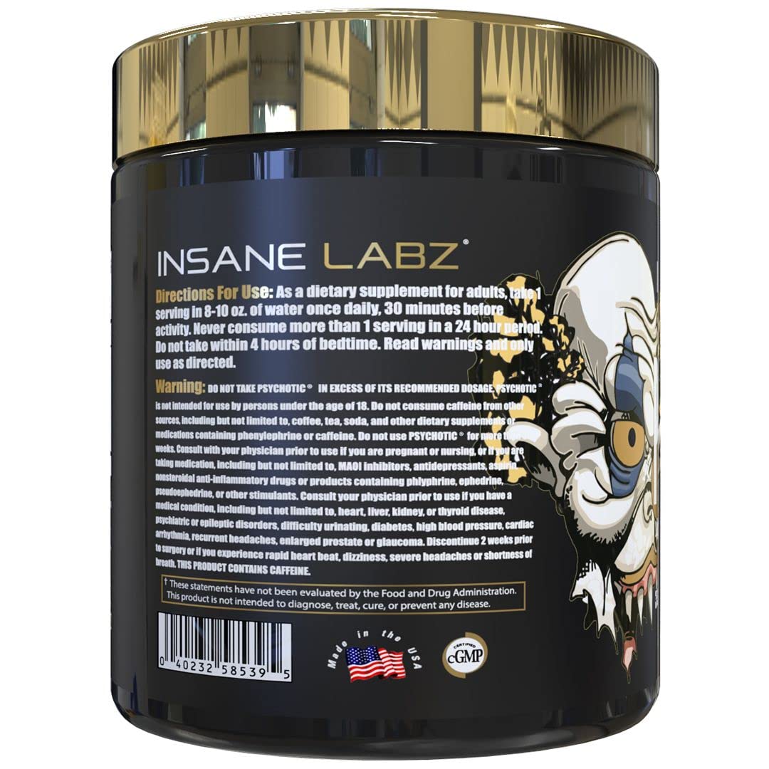 Etiqueta nutricional de Insane Labz Psychotic Gold con ingredientes clave.