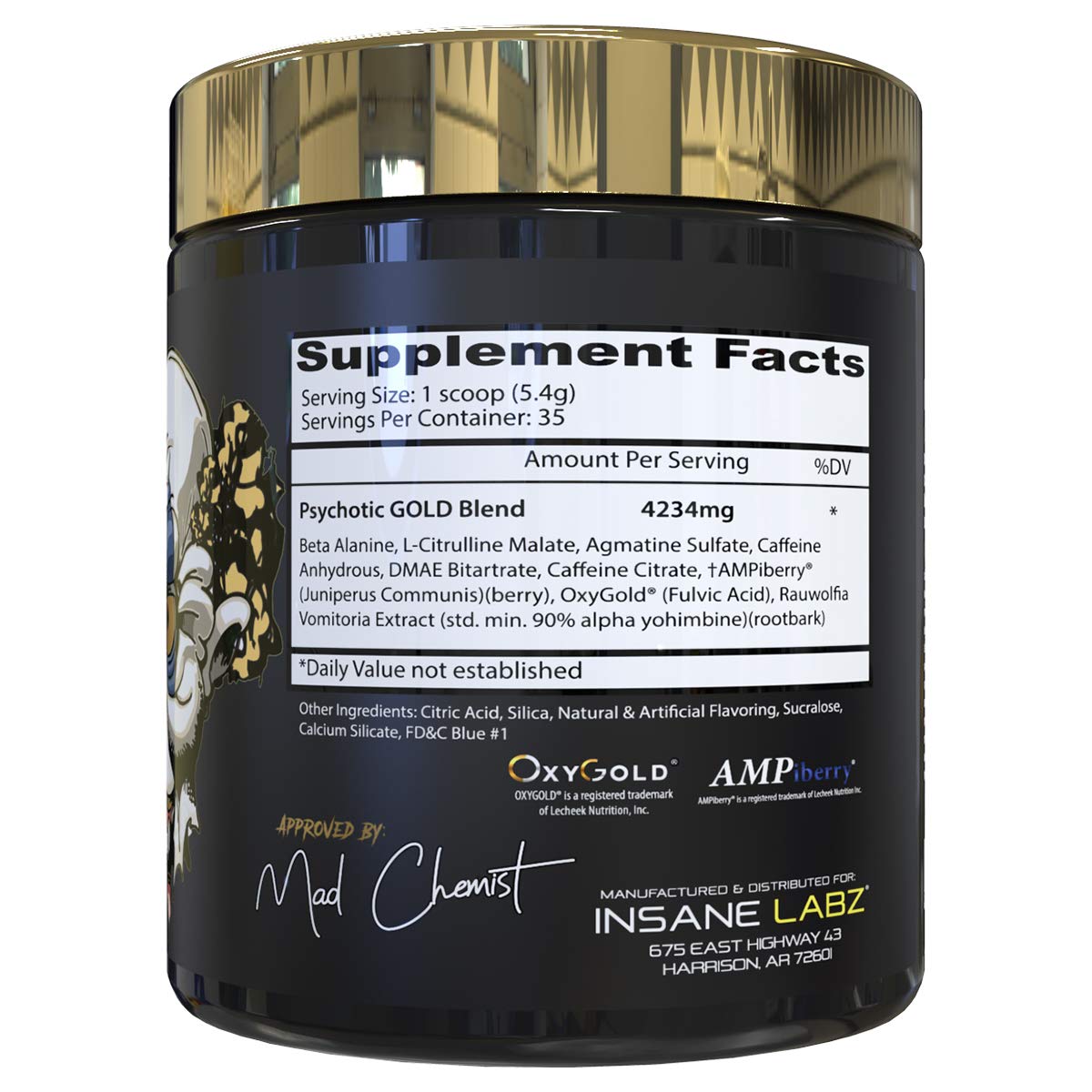 Frasco de Psychotic Gold con etiqueta Blue Punch, ingredients principales visibles