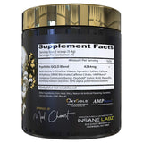 Frasco de Psychotic Gold con etiqueta Blue Punch, ingredients principales visibles