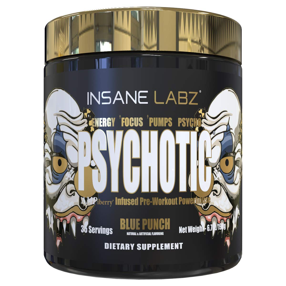 Insane Labz Psychotic Gold frasco frente Blue Punch, energía sostenida para entrenamientos