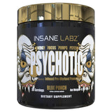 Insane Labz Psychotic Gold frasco frente Blue Punch, energía sostenida para entrenamientos