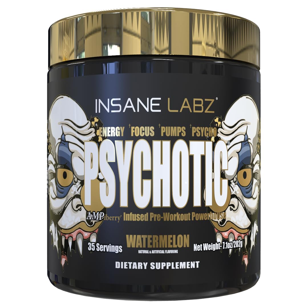 Insane Labz Psychotic Gold, lata frontal, energía sostenida para entrenamientos intensos.