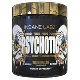 Insane Labz Psychotic Gold, lata frontal, energía sostenida para entrenamientos intensos.